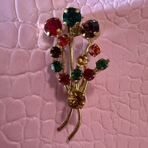 1950’s Vintage Gold-Tone Multicolor Floral Crystal Brooch - Women Jewelry